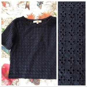 LOFT top. Navy blue. Petite. Eyelet